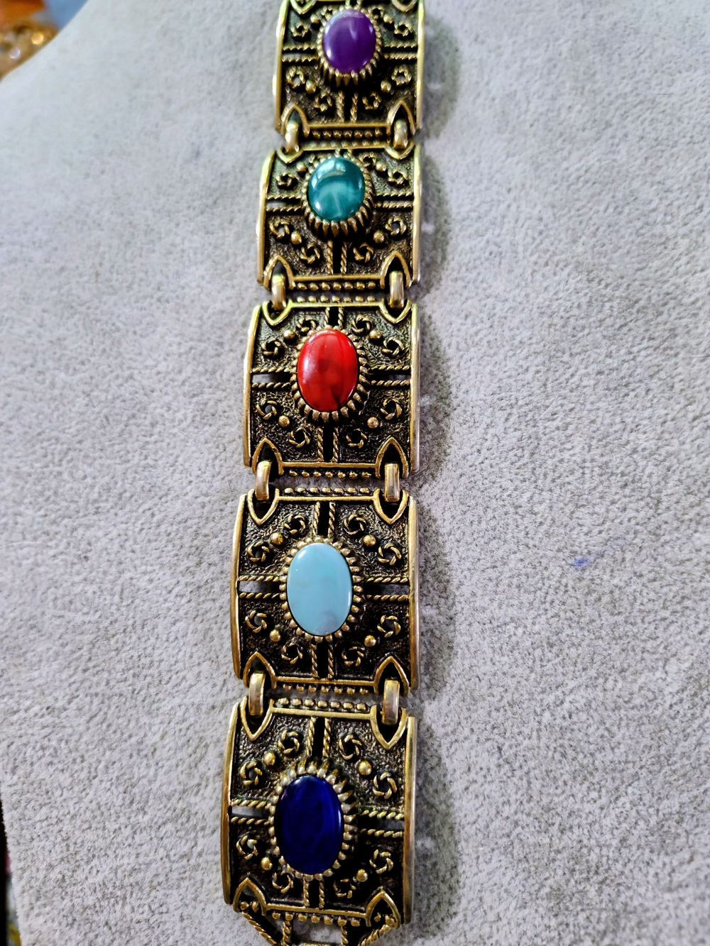 Sarah Coventry 1972 "Granada" Multicolor Stone Panel Bracelet, 1" Wide